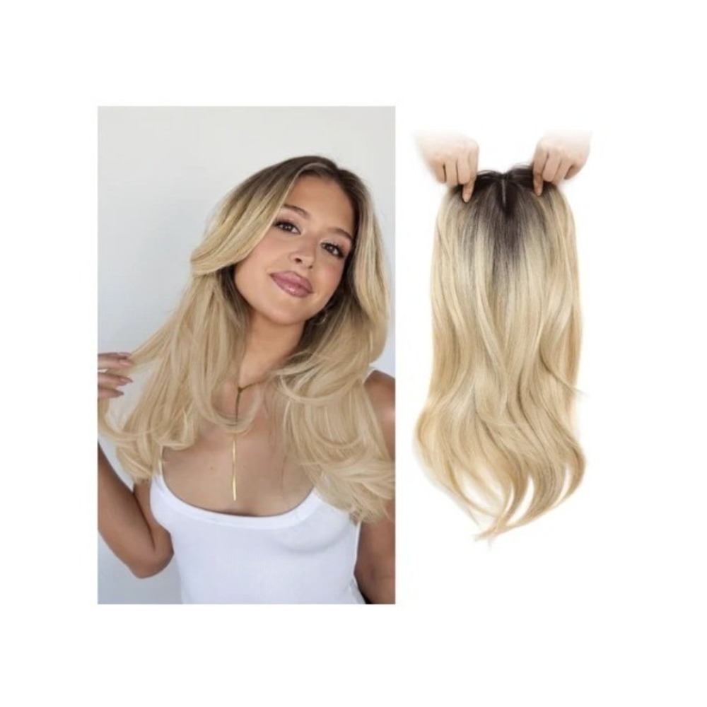 Fine Plus Hair Topper 18 Inch Ombre Blonde Dark Root Silk Base Wiglet RH6/8A/60B